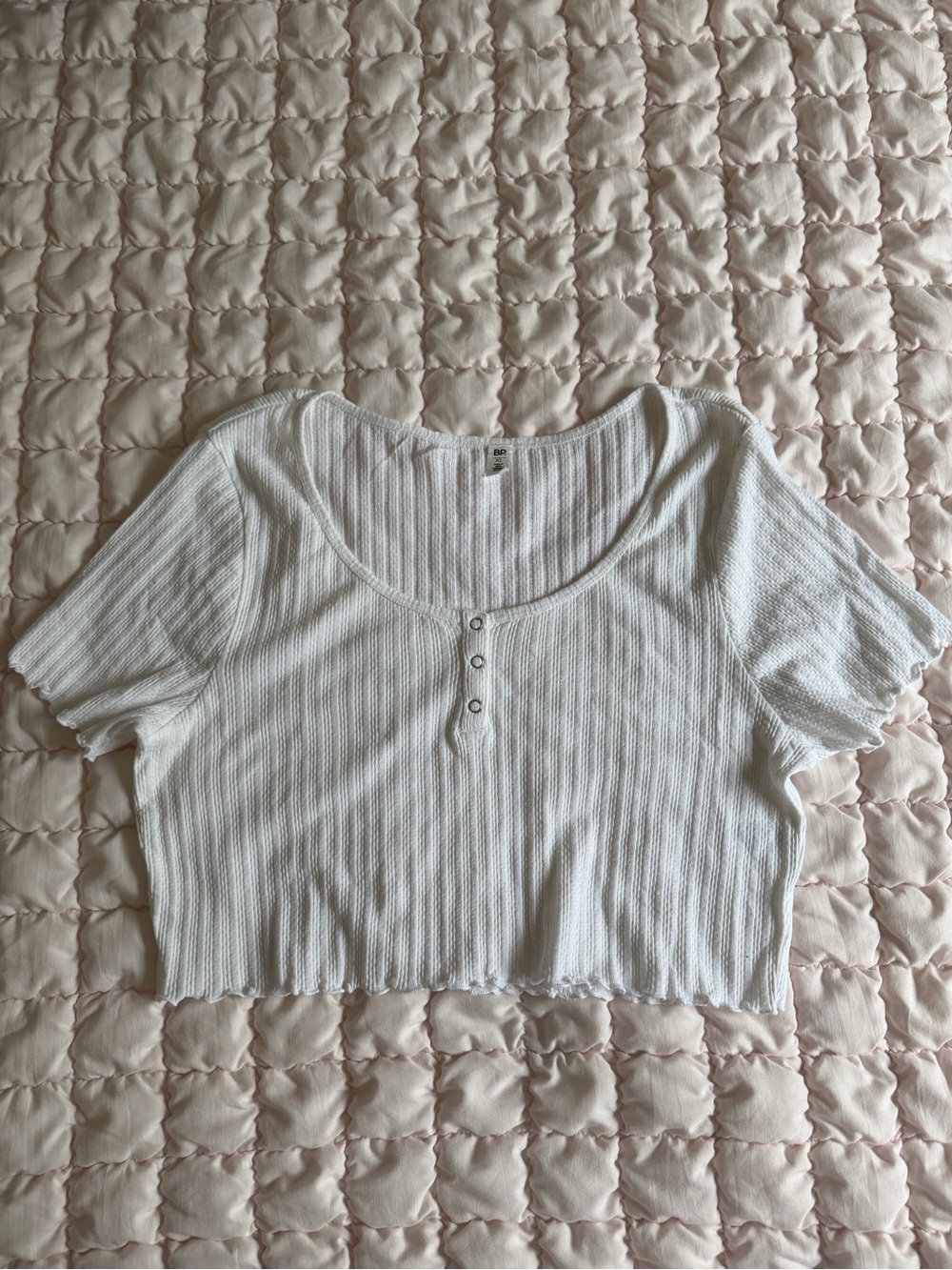 White Ribbed Scoop Neck Crop Top with Button Detail